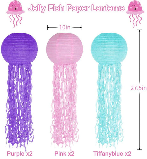 Jelly Fish Paper Lanterns, Pink Purple Blue Hanging Lantern for Mermaid Unicorn Theme Under The Sea Ocean Birthday Party Decorations Set of 6