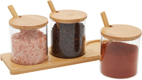 Small Glass Condiment Containers with Lids, Spoons, and Bamboo Wood Base (10oz, 3 Pack)