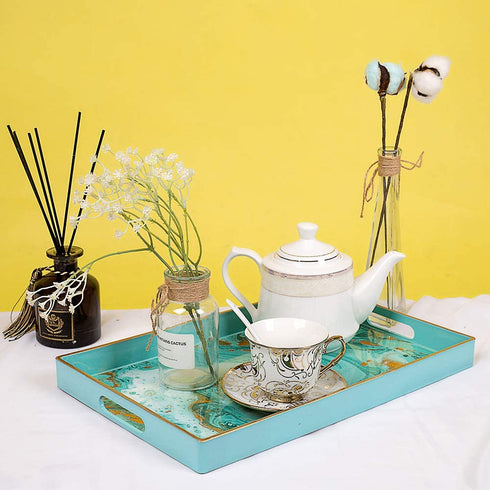 MAONAME Plastic Decorative Tray, Rectangular Marbling Tray with Handles, Coffee Table Serving Tray for Ottoman, Bathroom, Storage | 15.7" Lx 10.2" W X 1.57" H