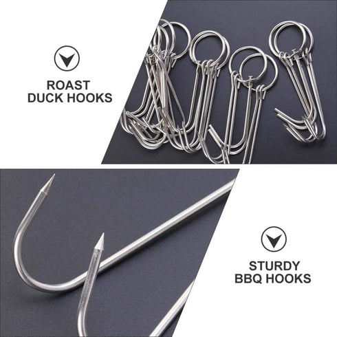 DOITOOL 10 Pcs Double Meat Hooks Stainless Steel Roasting Hook Bacon Hams Meat Duck Butcher Hook Cooking Smoker Hook Hanger for BBQ Grill Drying 23CM
