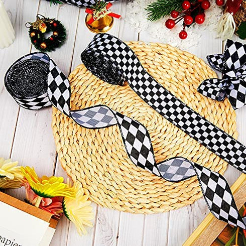 2 Rolls/ 20 Yards Black and White Checkered Ribbons Buffalo Plaid Wired Edge Ribbon Diamond Check Gingham Wrapping Ribbon for Christmas Tree DIY Hair Bow Wreath Decors Crafts, 2 Styles (1.5 Inch Wide)