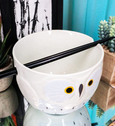 Ebros Whimsical Ceramic White Owl With Spotted Chest Ramen Udong Noodles Bowl and Chopsticks Set for Asian Dining Soup Rice Gourmet Meal As Taste of Asia Collection of Bowls Decor Kitchen