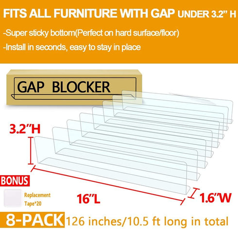 QIYIHOME 8-Pack Toy Blocker, Gap Bumper for Under Furniture, BPA Free Safe PVC with Strong Adhesive, Stop Things Going Under Sofa Couch or Bed, Easy to Install