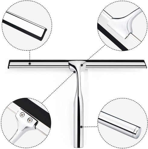 VIVIBEAUTY Shower Squeegee for Glass Doors, 12-Inch Stainless Steel Squeegee for Shower Glass Door, Mirror, Windows, 1 Replacement Silicone Blade and 2 Hooks, Silver