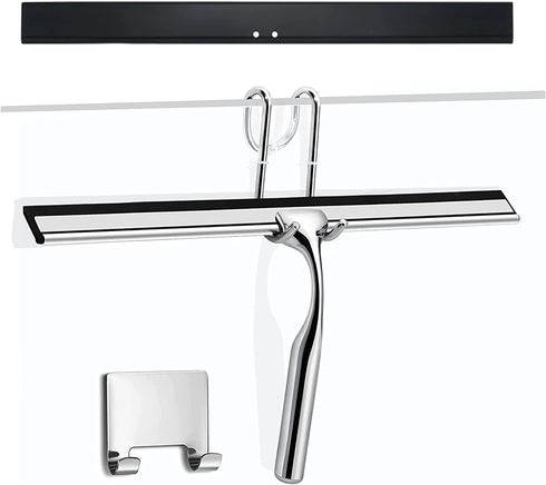 VIVIBEAUTY Shower Squeegee for Glass Doors, 12-Inch Stainless Steel Squeegee for Shower Glass Door, Mirror, Windows, 1 Replacement Silicone Blade and 2 Hooks, Silver
