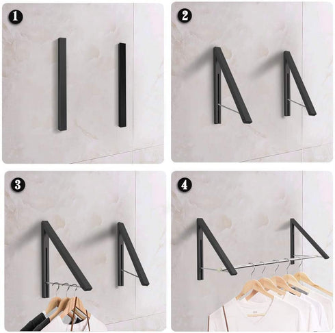 Anjuer Retractable Clothes Rack - Wall Mounted Folding Clothes Hanger Drying Rack for Laundry Room Closet Storage Organization, Aluminum, 2 Racks with Rod (Black)