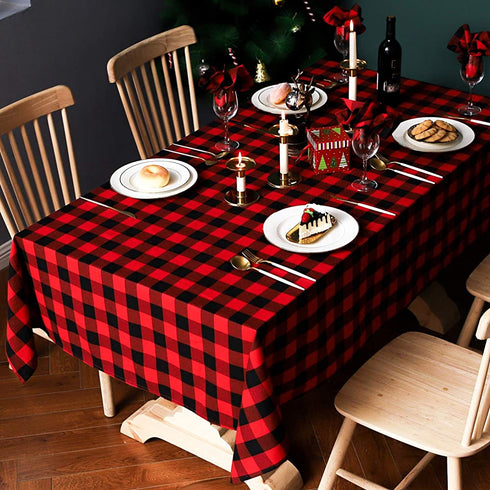 Wracra Cotton Linen Christmas Checkered Square Tablecloth Rustic Buffalo Plaid Table Cover for Kitchen Dinning Room Party Home Picnic (Red and Black, Square 55"—55")