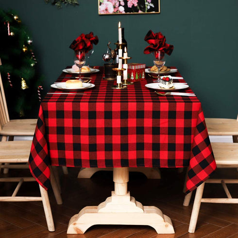 Wracra Cotton Linen Christmas Checkered Square Tablecloth Rustic Buffalo Plaid Table Cover for Kitchen Dinning Room Party Home Picnic (Red and Black, Square 55"—55")