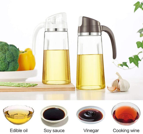 Auto Flip Olive Oil Dispenser Bottle,20 OZ Leakproof Condiment Container With Automatic Cap and Stopper,Non-Drip Spout,Non-Slip Handle for Kitchen Cooking ( 2 Pack White+ Brown)