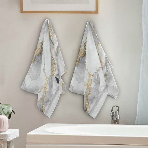 Grey Marble Hand Towels - Elegant White Marble Print with Gold Textured Pattern 100% Cotton Soft Bath Hand Towel for Home Bathroom Kitchen Hotel Spa