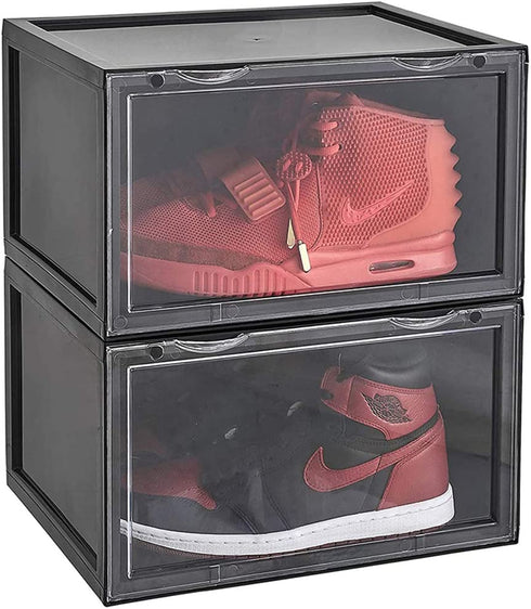 K.T.Z Shoe Boxes,Clear Plastic Shoe Box Magnetic Side Open Stackable Shoe Box (D Style Black, 2 PCS)