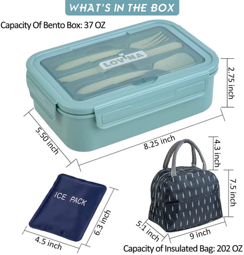 Bento Box With Ice Pack Lunch Bag Set, 37OZ Bento box for Adults Kids, Come With Utensils, 6 Liter Insulated Lunch Bag and Ice Pack, Leakproof, Durable, BPA-Free and Food-Safe Materials(Light Blue)
