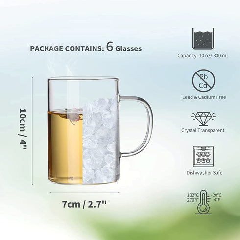 HORLIMER 10 oz Glass Coffee Mugs Set of 6, Clear Coffee Cup with Handle for Tea Cappuccino Latte Milk Juice Hot Beverages