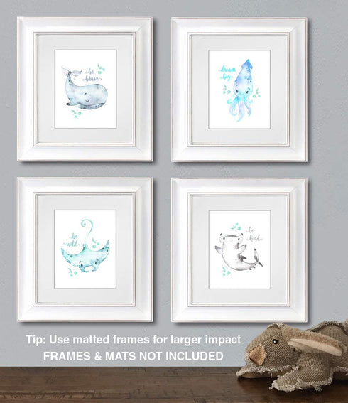 Confetti Fox Sea Nursery Pictures Wall Art Decor - 8x10 Unframed Set of 4 Prints - Kids Ocean Life Baby Animals - Whale Octopus Stingray Shark