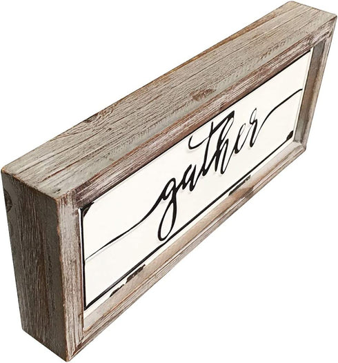 DeliDecor Gather - 12" X 5" Wooden Signs Wall Decor Rustic Embossed Retro Metal and Wood Framed Sign Modern Farmhouse Wall Hanging Art Gather Sign Home Decor