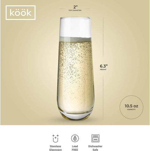 Stemless Champagne Flutes, by Kook, Durable Glass, Mimosa, Cocktail Glasses Set, Prosecco Wine Flute, Water Glasses, Highball Glass, Bar Glassware, Toasting Wedding Glasses, Set of 8, 10.5oz