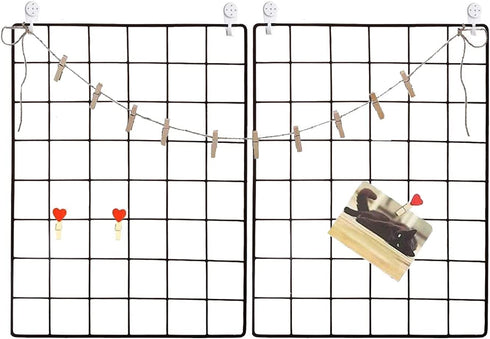 GBYAN Wall Grid 2 Pack Wire Photo Grid Panels Black Memo Board Wall Organizer (Black)