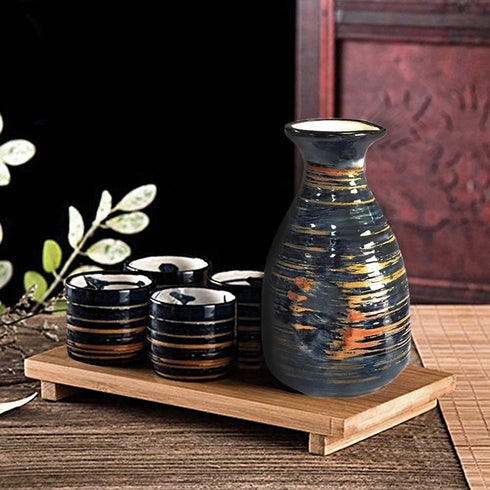 Sake Set Blue Japanese 5 Pcs Traditional Japan Sake Cup Set Hand Painted Design Porcelain Pottery Ceramic Cups Crafts Wine Glasses Gifts (Blue Rich, 300 ML)