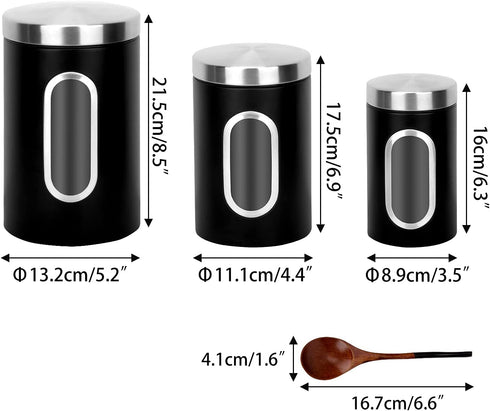 AEUNKIUO Kitchen Counter Canister set 3 pieces,with Long Wood Spoon, Stainless Steel Food Storage Containers with Visible Window and Brushed Airtight Lids ,For Sugar,Coffee,Biscult,Flour jar Keep Fresh,Black
