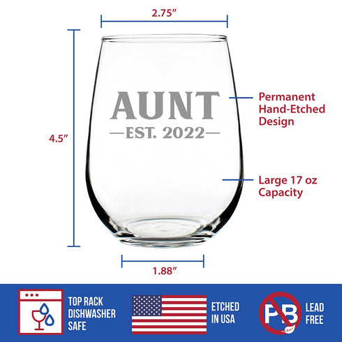Aunt Est 2022 - New Aunties Stemless Wine Glass Gift for First Time Aunts - Bold 17 Oz Large Glasses