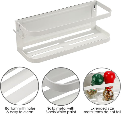 jocabo Magnetic Spice Rack 2 Pack Refrigerator Shelf Wall Mount Metal Seasoning Storage Fridge Organizer Utensils Towel Book Shelves Home Kitchen Jar Containers Holder W 4 Hooks -White (LKJ2B)