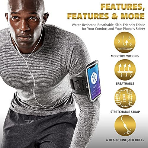 TRIBE Water Resistant Cell Phone Armband Case Running Holder for iPhone Pro Max Plus Mini SE (13/12/11/X/XS/XR/8/7/6/5) Galaxy S Ultra Plus Edge Note (21/20/10/9/8/7/6/5) Adjustable Strap & Key Pocket