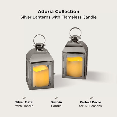 Silver Decorative Lantern, Set of 2 - LED Flameless Candles, 8 Inch, Battery Operated, 6 Hour Timer, Winter Wedding Centerpiece / Ramadan Home Decor