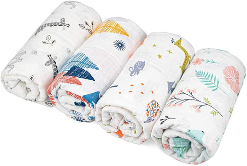 Kingrol 4 Pack Baby Muslin Swaddle Blankets, Soft Unisex Swaddle Wrap for Boys and Girls, Large Neutral Receiving Blanket for Newborn Infant, Bear/Fox/Elk/Elephant