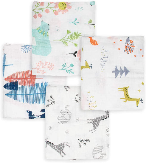 Kingrol 4 Pack Baby Muslin Swaddle Blankets, Soft Unisex Swaddle Wrap for Boys and Girls, Large Neutral Receiving Blanket for Newborn Infant, Bear/Fox/Elk/Elephant