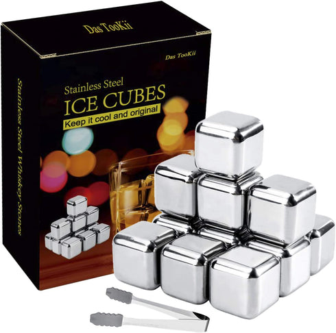 Das TooKii Whiskey Stones Gift Set, 12PCS Stainless Steel Ice Cube Reusable, Cooling Whisky Rocks, Metal Ice Cubes Chilling Stones, Drink Wine Cooler with Ice Tongs, Freezer Storage Tray, Freezer Bag