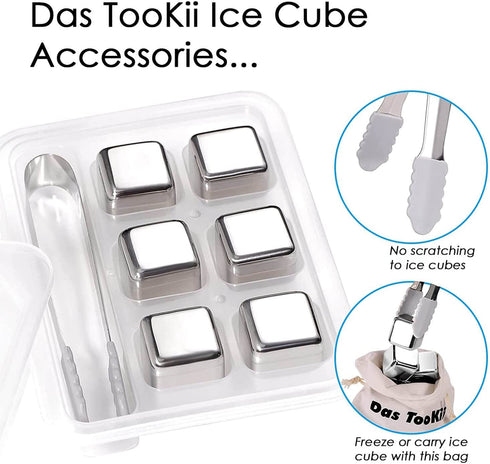 Das TooKii Whiskey Stones Gift Set, 12PCS Stainless Steel Ice Cube Reusable, Cooling Whisky Rocks, Metal Ice Cubes Chilling Stones, Drink Wine Cooler with Ice Tongs, Freezer Storage Tray, Freezer Bag