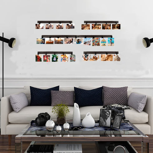 fghuim 6PCS Wooden Wall Hanging Photo Frames Picture Display Collage With Clips & Adhesive Stickers No Drilling on Wall