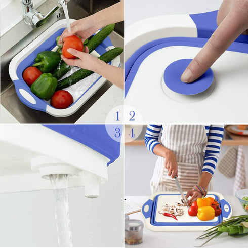 Rottogoon Collapsible Cutting Board, Foldable Chopping Board with Colander, Multifunctional Kitchen Vegetable Washing Basket Silicone Dish Tub for BBQ Prep/Picnic/Camping(BlueViolet)