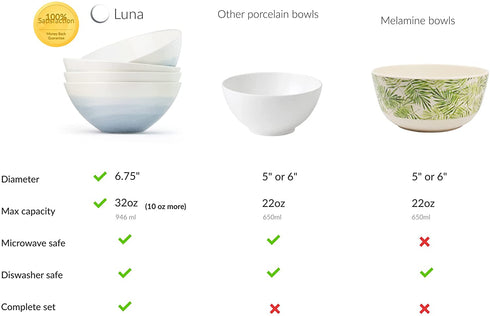 Luna 4PC 6.75" 32oz Calm Blue Porcelain Bowls | Microwave safe bowls l Cereal bowls | Pasta bowl | Large soup bowl | ceramic bowl | Kitchen bowls | Salad Bowls | Noodle bowls| Big bowl | Serving bowls