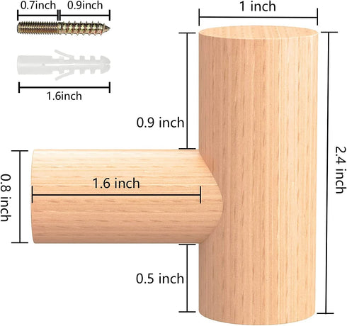 HUFEEOH Wood Wall Hooks, Purse Rack Wood Peg Hooks with Screw, Wall Hooks Heavy Duty Towel Hangers for Bathroom Wall (4PC, Beech Wood)