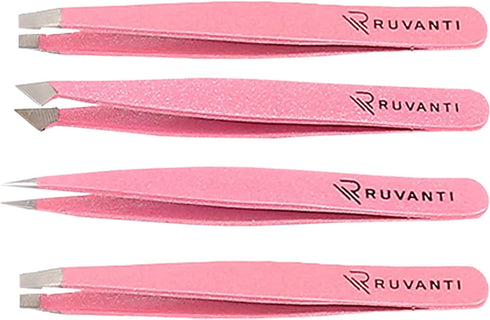 Ruvanti-4 Piece Professional Stainless Steel Tweezers Set - Eyebrow Tweezers, Slant tip, Pointed & Straight Best Precision Tweezers for Facial & Ingrown Hairs,Splinter & Hair Removal Tweezers (Pink)