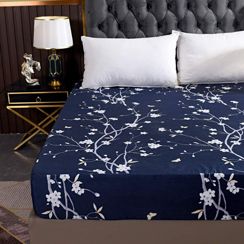 Hecnoey Floral Printed Bed Fitted Sheets,Deep Pocket Soft Fitted Sheet Only (Navy Blue,King)