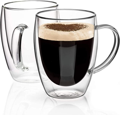 Double Walled Glass Coffee Mugs Glass Mug With Handles Double Wall Cappuccino Cups, 12oz Of Set 2 Coffee/tea Mugs, Clear Glasses With Handle