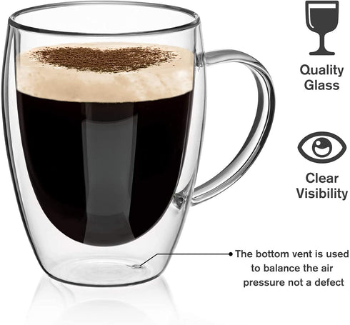 Double Walled Glass Coffee Mugs Glass Mug With Handles Double Wall Cappuccino Cups, 12oz Of Set 2 Coffee/tea Mugs, Clear Glasses With Handle
