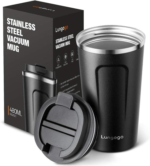 Lungogo Insulated Coffee Mug Travel Vacuum Coffee Cup Stainless Steel Double walled Reusable Coffee Tumbler with Leakproof Lid for Hot & Cold Drinks, 480 ML Black