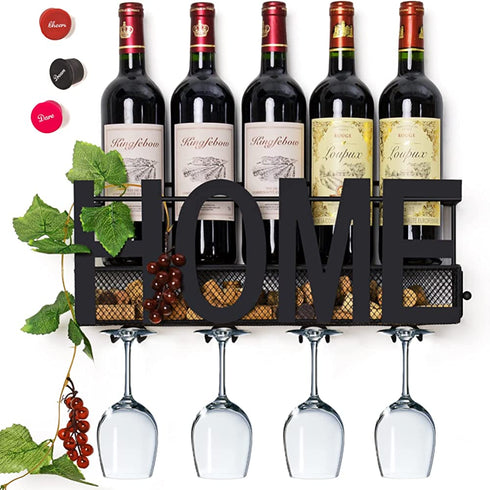 Wall Mounted Metal Wine Rack 4 Long Stem Glass Holder & Wine Cork Storage by Soduku