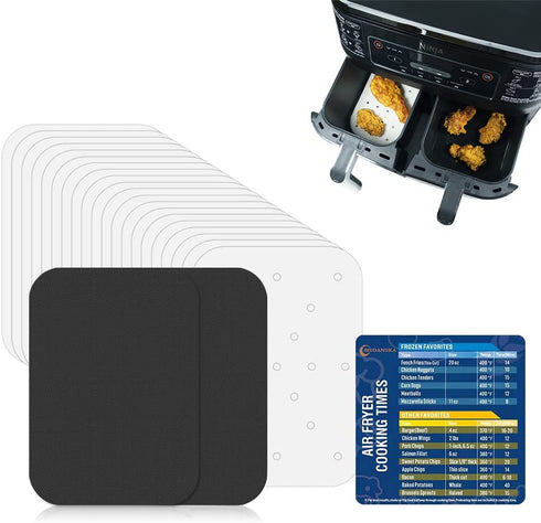 100Pcs Parchment Paper for Ninja Foodi XL Dual Air Fryer, Pre-Cut Food Safe Baking Mat for Ninja DZ401, with 2 Non-Stick Liners and Cheat Sheet Set Accessories
