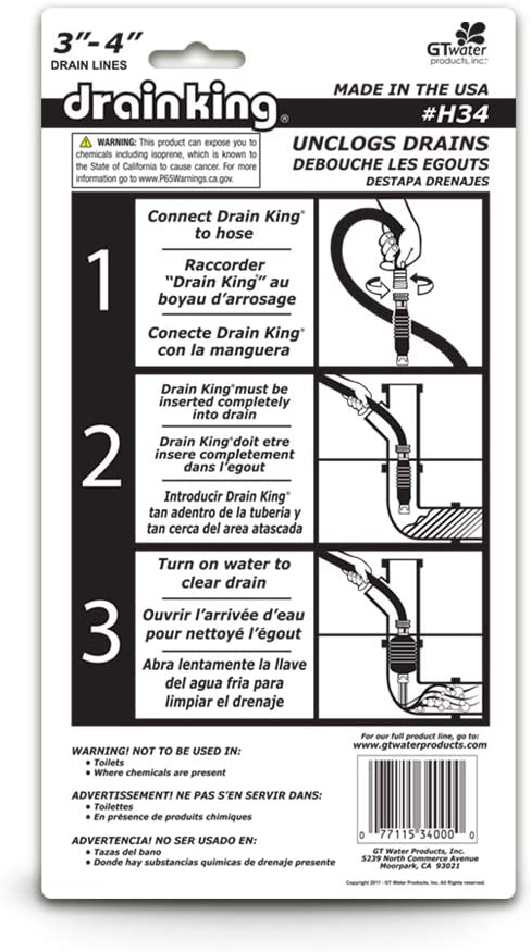 Drain King H34 Unclogs Sewer Lines, Main, and Outside Deck Drains, 3 To 4 Inch