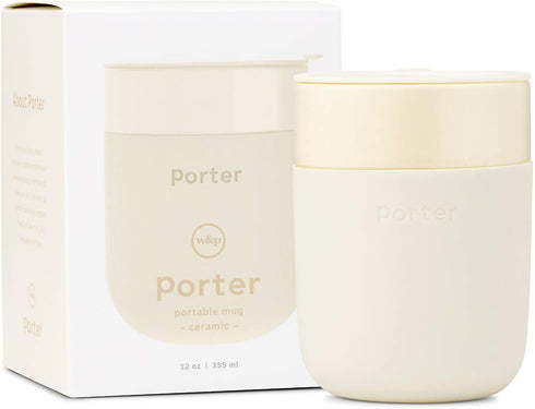 W&P Porter Ceramic Mug w/ Protective Silicone Sleeve, Cream 12 Ounces | On-the-Go | Reusable Cup for Coffee or Tea | Portable | Dishwasher Safe