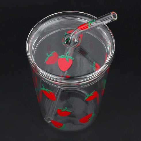 300ml Glass Water Cup with Straw and Lid, Cute Strawberry Mug Glass Milk Bottle Water Juice Smoothie Drinking Cup for Home Office School