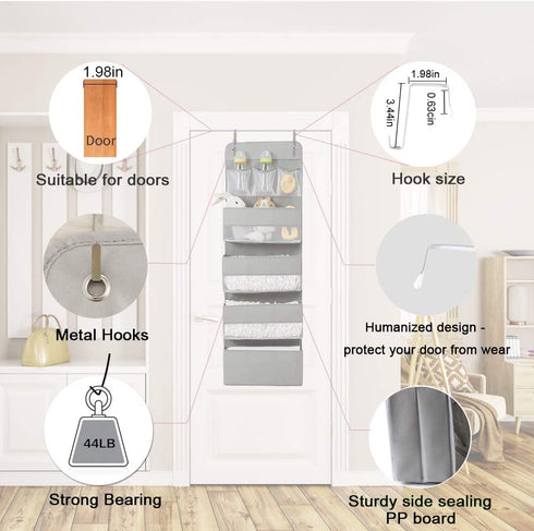 Over Door Hanging Organizer Storage - 7 Large Pockets Closet Bathroom Baby Nursery Organizer Perspective Window Wall Mount Rack for Clothes Toys Sundries(Grey)