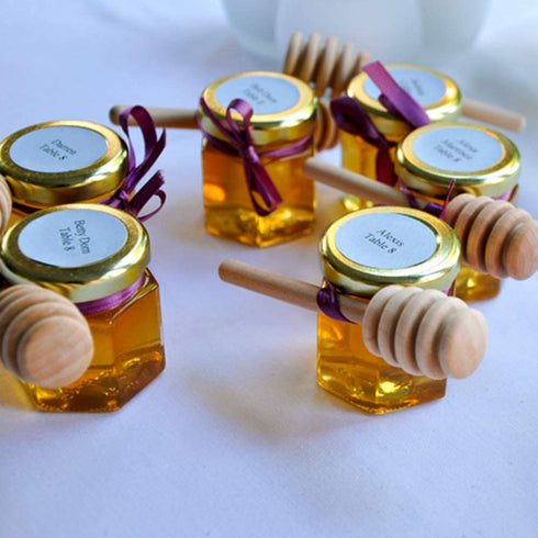 Adabocute 1.5 oz Hexagon Mini Glass Honey Jars with Wooden Dipper, Gold Lids, Gold Bee Pendants, Jutes, 20 Pack- Perfect for Baby Showers, Wedding Favors, Party Favors
