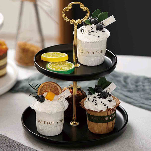 Small 2-Tier Ceramic Porcelain Cupcake Stand, Tiered Serving Stand, Dessert Stand,Fruit Candy Tower, Serving Tray Platter for Birthday/Tea/Wedding/Baby Shower/Buffet Server(Black 6" x 8")