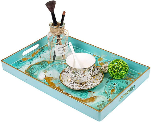 MAONAME Plastic Decorative Tray, Rectangular Marbling Tray with Handles, Coffee Table Serving Tray for Ottoman, Bathroom, Storage | 15.7" Lx 10.2" W X 1.57" H