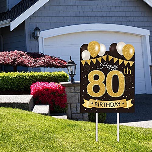 Large Happy 80th Birthday Party Yard Sign Black Gold 80 Birthday Yard Signs with Stakes and Outdoor Lawn Decorations